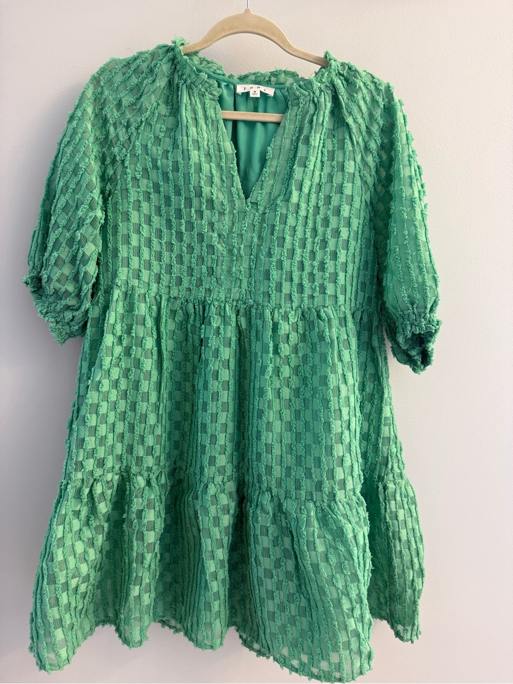 Green Textured V-Neck Tiered Dress